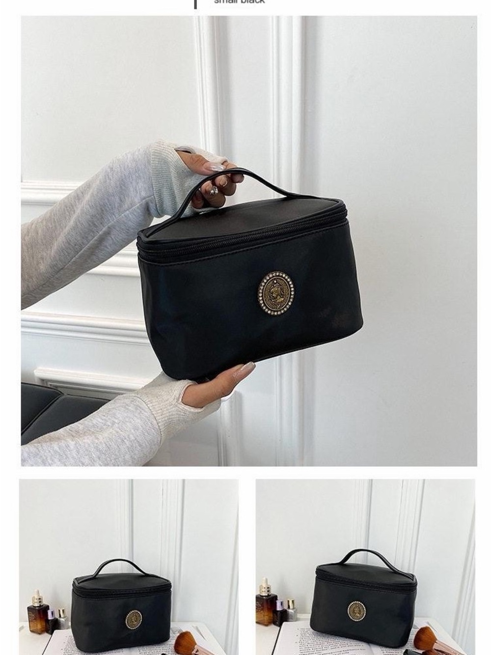 Black Women's Cosmetic Case with Decorative Emblem - Picture 3 of 15